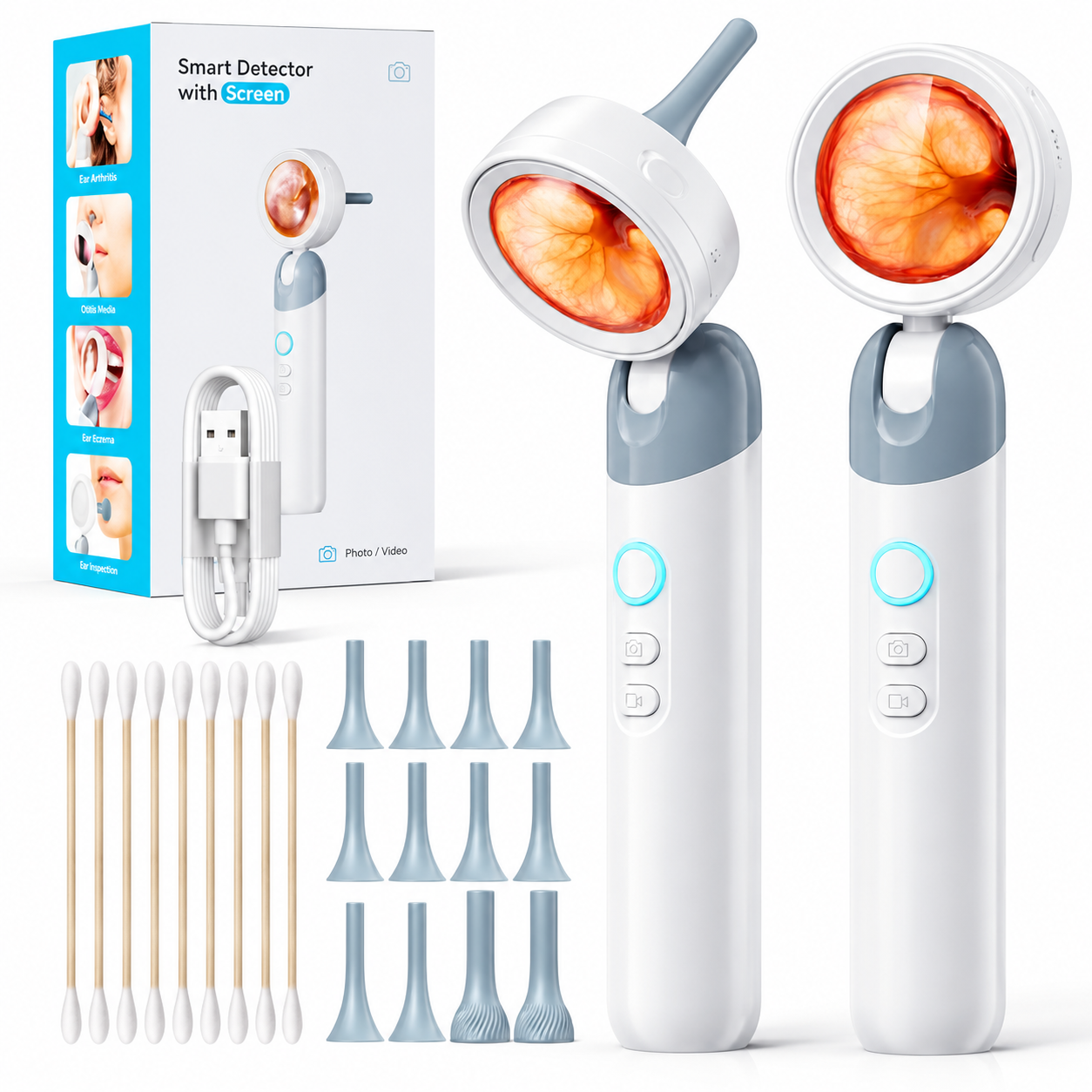 Smart Video Otoscope with 1.38'' Screen, 1080P Ear Scope with 4 LEDs